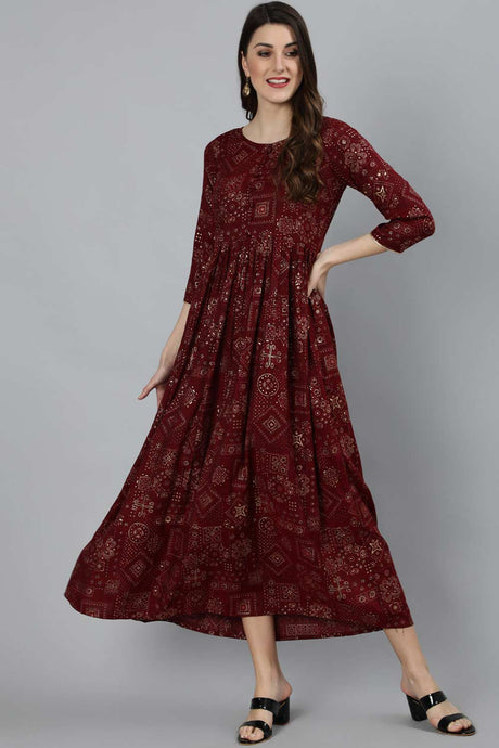 Buy Maroon Viscose rayon Ethnic Motif Printed Dress Online