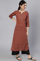 Buy Maroon Cotton geometric Ethnic Printed Straight Kurta Online - Front