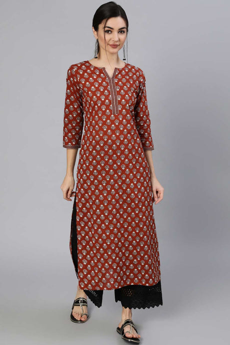 Buy Maroon Cotton geometric Ethnic Printed Straight Kurta Online