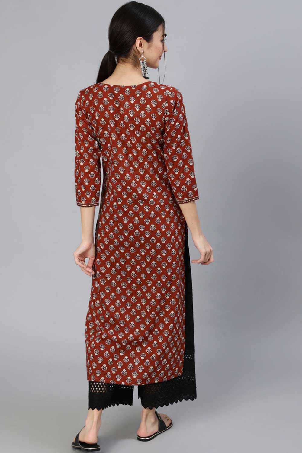 Buy Maroon Cotton geometric Ethnic Printed Straight Kurta Online - Side