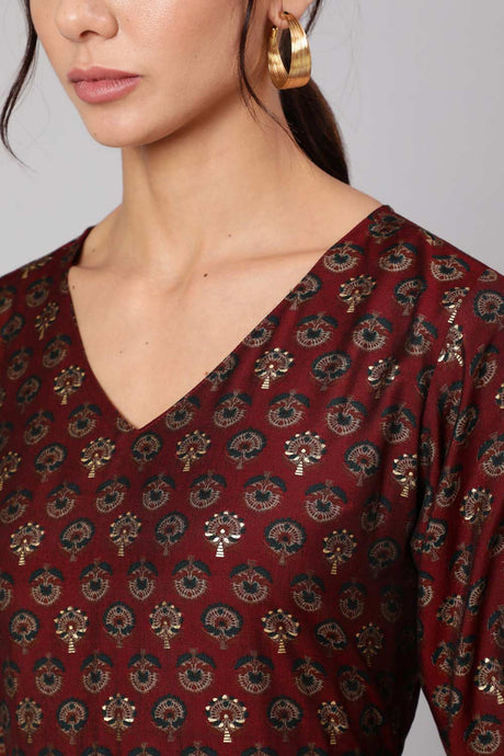 Buy Maroon Muslin Ethnic Printed Gathered Dress Online - Back