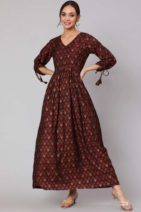 Buy Maroon Muslin Ethnic Printed Gathered Dress Online