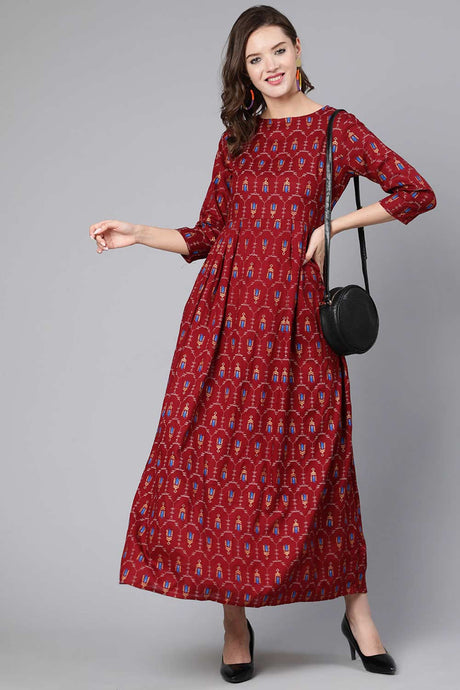 Buy Maroon Viscose rayon geometric Printed Flared Dress Online