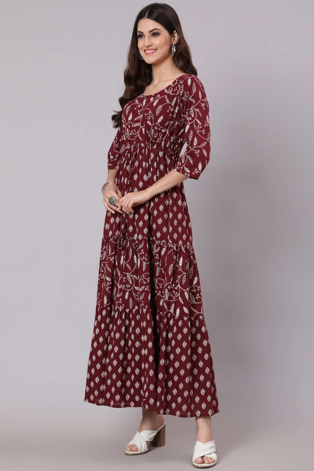 Buy Burgundy Ethnic Cotton Floral Printed Flared Dress Online - Front