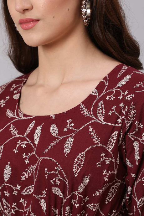 Buy Burgundy Ethnic Cotton Floral Printed Flared Dress Online - Back