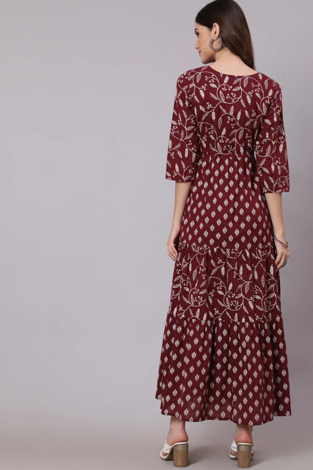 Buy Burgundy Ethnic Cotton Floral Printed Flared Dress Online - Side