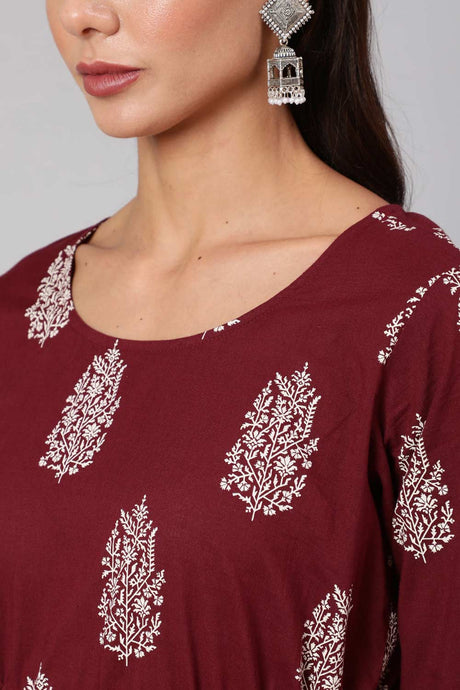 Buy Maroon Cotton Ethnic Printed Gathered Dress Online - Back