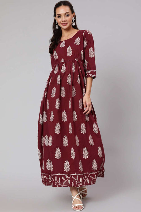 Buy Maroon Cotton Ethnic Printed Gathered Dress Online