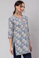 Buy Blue & Pink Cotton Floral Printed Straight Tunic Online - Front