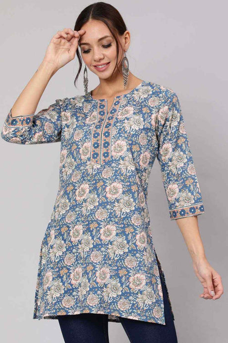 Buy Blue & Pink Cotton Floral Printed Straight Tunic Online