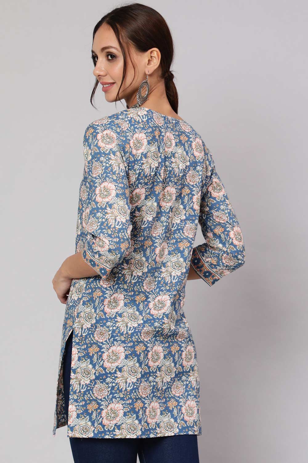 Buy Blue & Pink Cotton Floral Printed Straight Tunic Online - Side