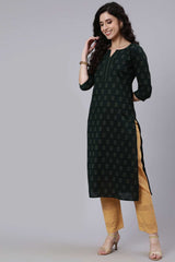 Buy Green Cotton Ikat Print Straight Kurta Online - Front