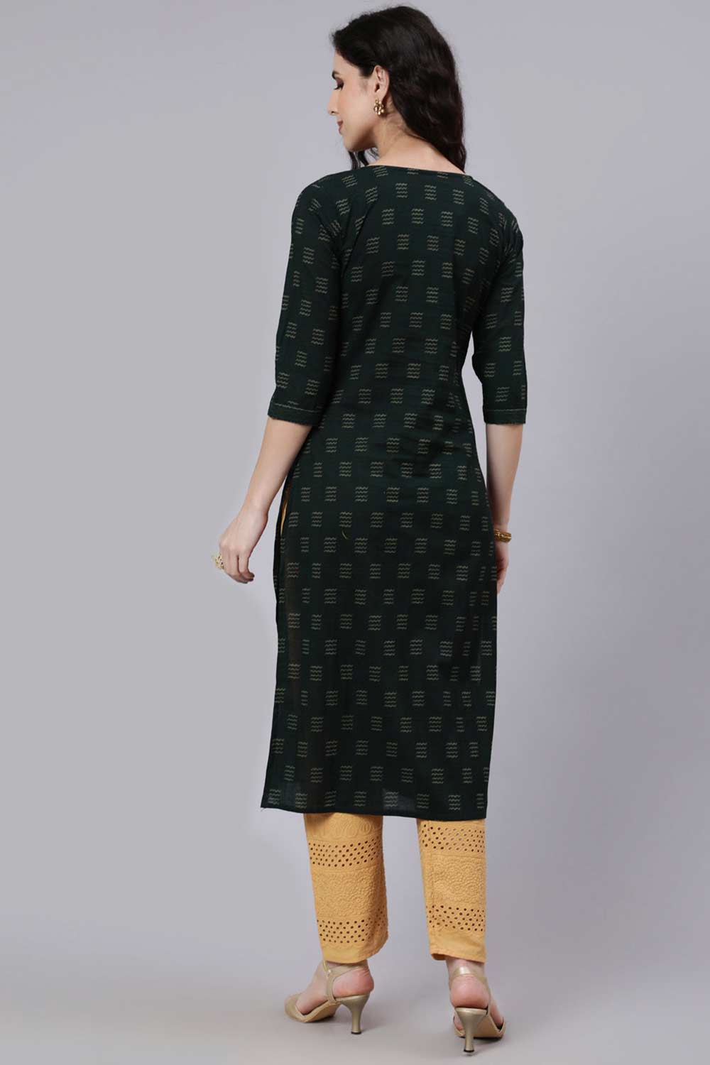 Buy Green Cotton Ikat Print Straight Kurta Online - Side