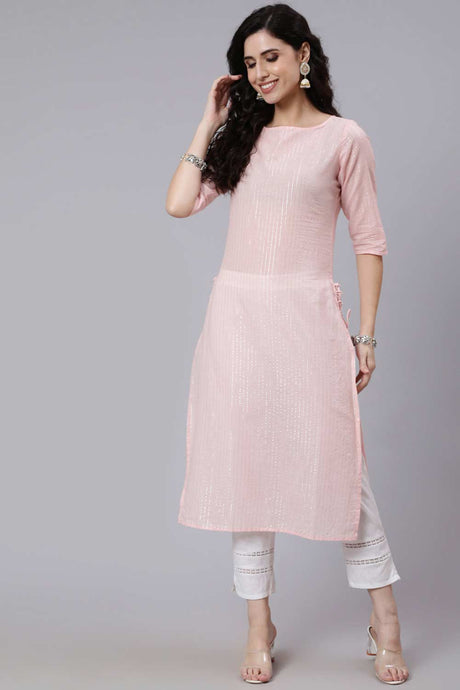 Buy Pink Color With Silver Stripe Solid Straight Kurta Online