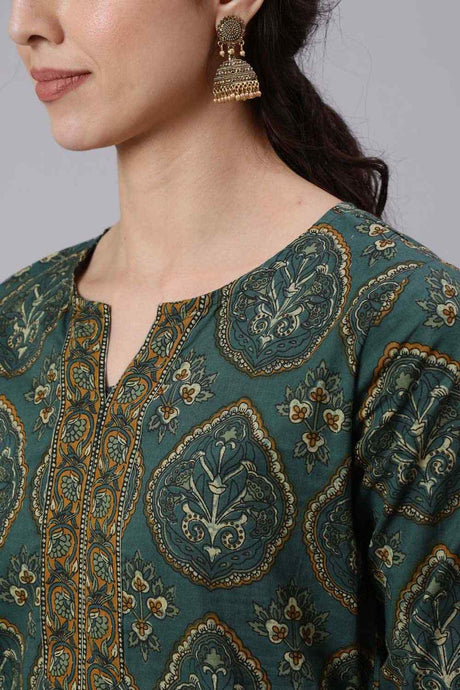 Buy Green Cotton geometric Ethnic Printed Tunic Online - Back