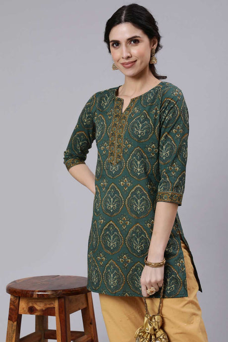 Buy Green Cotton geometric Ethnic Printed Tunic Online