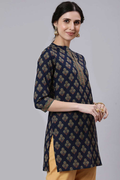 Buy Navy Blue Cotton Ethnic Printed Straight Tunic Online - Back