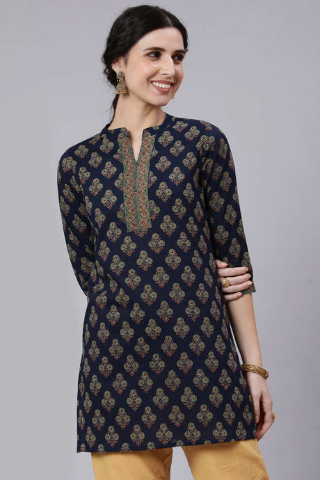 Buy Navy Blue Cotton Ethnic Printed Straight Tunic Online