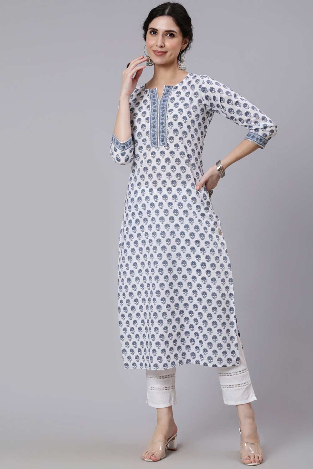 Buy Off-White Cotton Floral Printed Straight Kurta Online