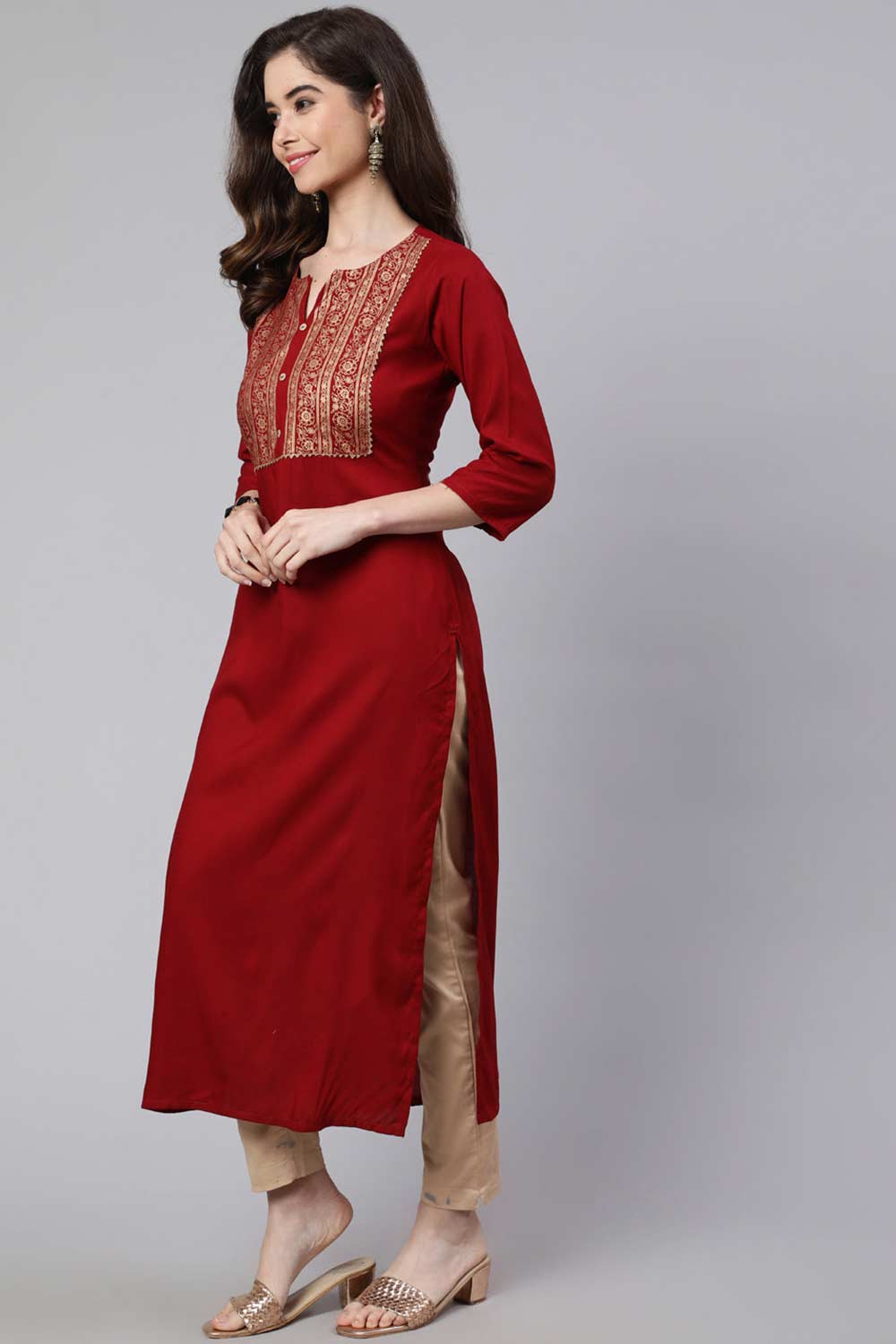 Buy Maroon Cotton Printed straight kurta Online - Front