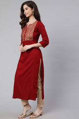 Buy Maroon Cotton Printed straight kurta Online - Front