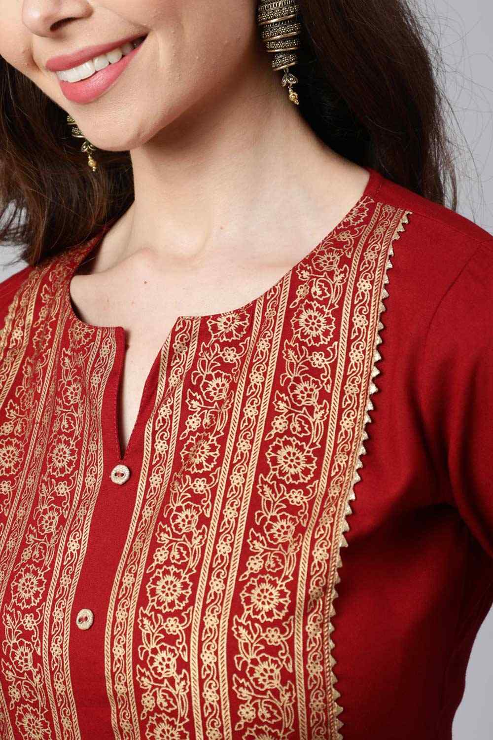 Buy Maroon Cotton Printed straight kurta Online - Back