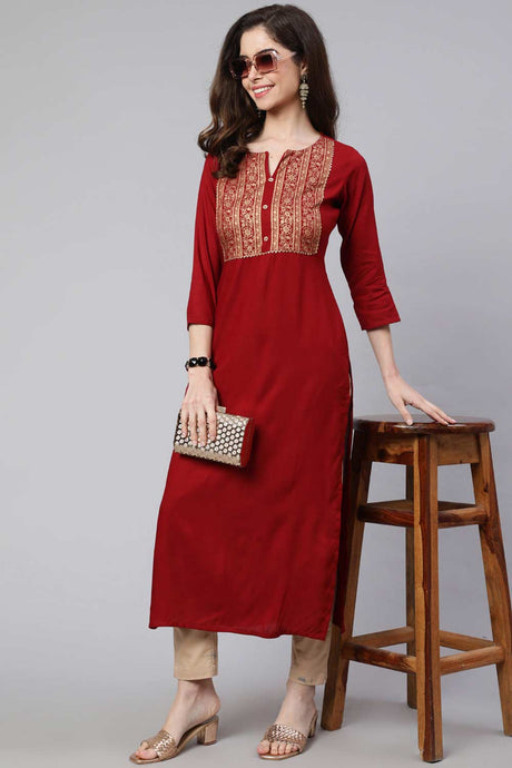 Buy Maroon Cotton Printed straight kurta Online