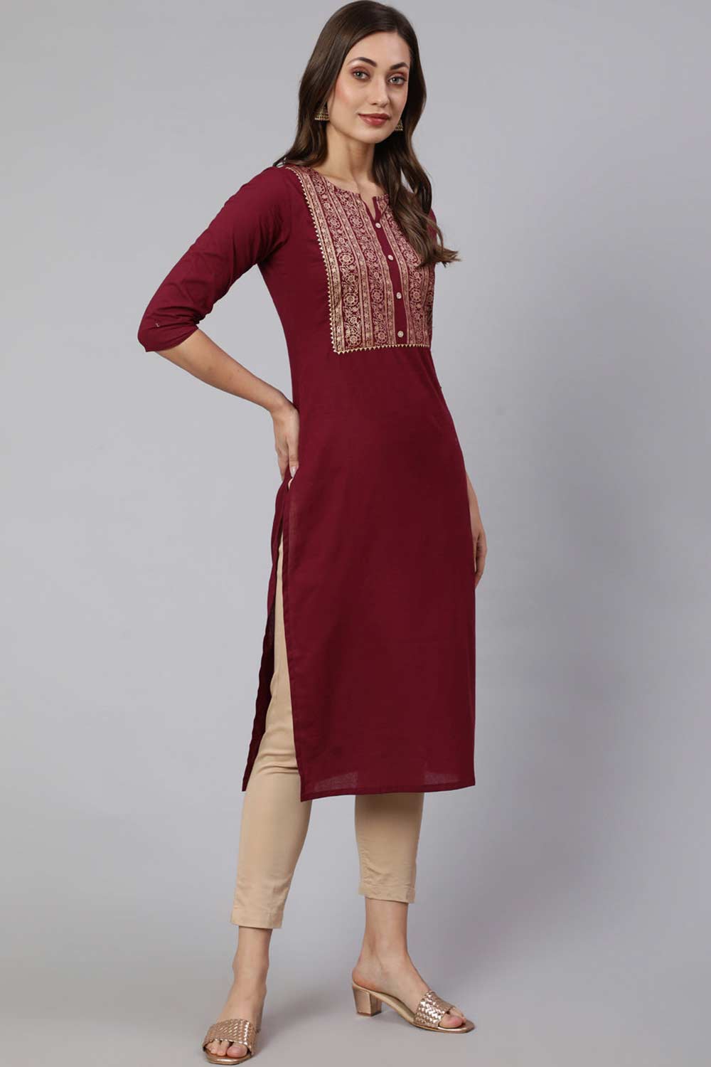 Buy Burgundy Cotton Printed Straight Kurta Online - Front