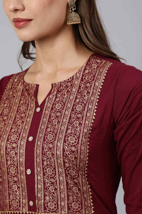 Buy Burgundy Cotton Printed Straight Kurta Online - Back