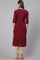 Buy Burgundy Cotton Printed Straight Kurta Online - Side