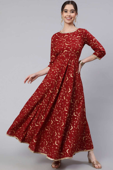 Buy Maroon Cotton Printed Flared Dress Online