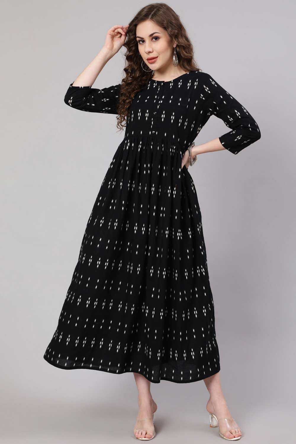 Buy Black Cotton Ikat Printed Flared Dress Online - Back