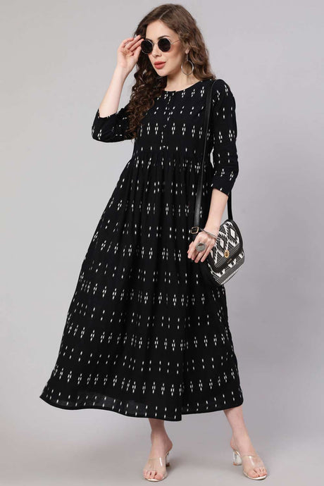 Buy Black Cotton Ikat Printed Flared Dress Online