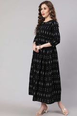Buy Black Cotton Ikat Printed Flared Dress Online - Side