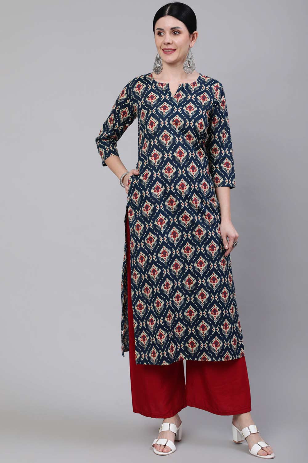 Buy Blue Cotton geometric Ethnic Printed Straight Kurta Online - Back