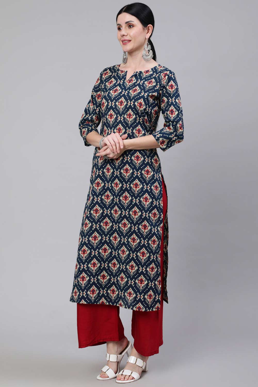 Buy Blue Cotton geometric Ethnic Printed Straight Kurta Online - Side