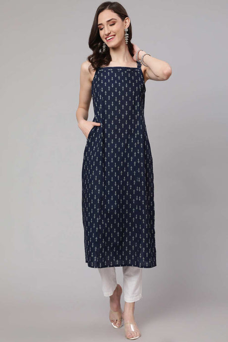 Buy Blue Cotton Ikat Printed Straight Kurta Online