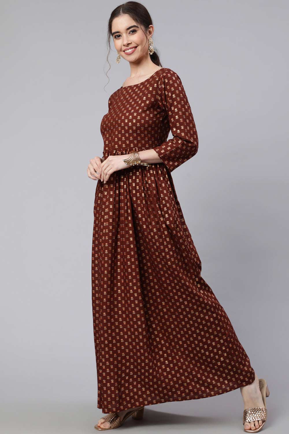 Buy Brown Cotton Printed Flared Dress Online - Front