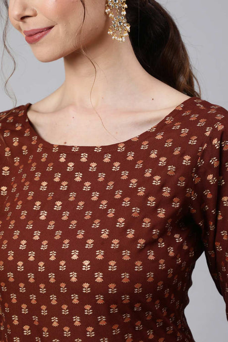 Buy Brown Cotton Printed Flared Dress Online - Back