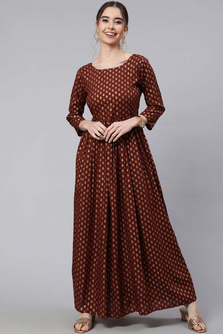 Buy Brown Cotton Printed Flared Dress Online