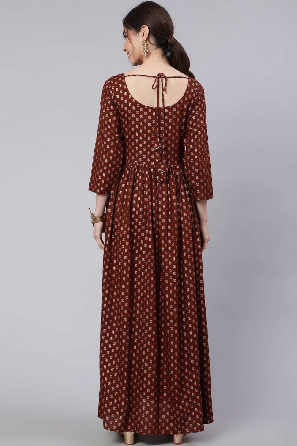 Buy Brown Cotton Printed Flared Dress Online - Side