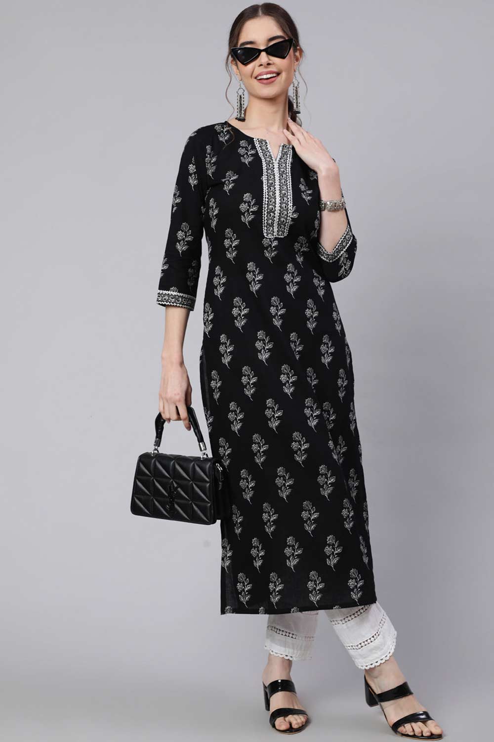 Buy Black Cotton Printed straight kurta Online - Back