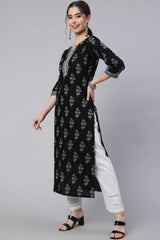 Buy Black Cotton Printed straight kurta Online - Side