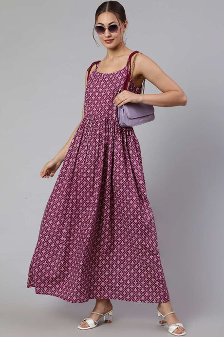 Buy Purple Cotton Printed Flared Dress Online