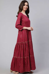 Buy Burgundy Cotton Printed Flared Dress Online - Front