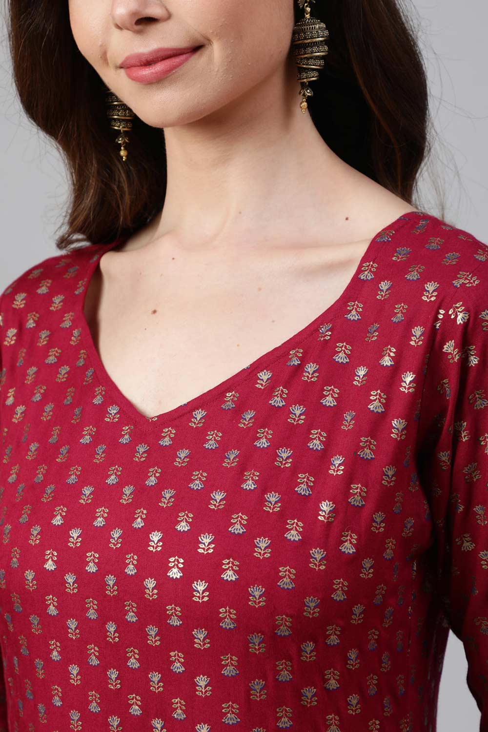 Buy Burgundy Cotton Printed Flared Dress Online - Back