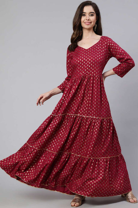 Buy Burgundy Cotton Printed Flared Dress Online