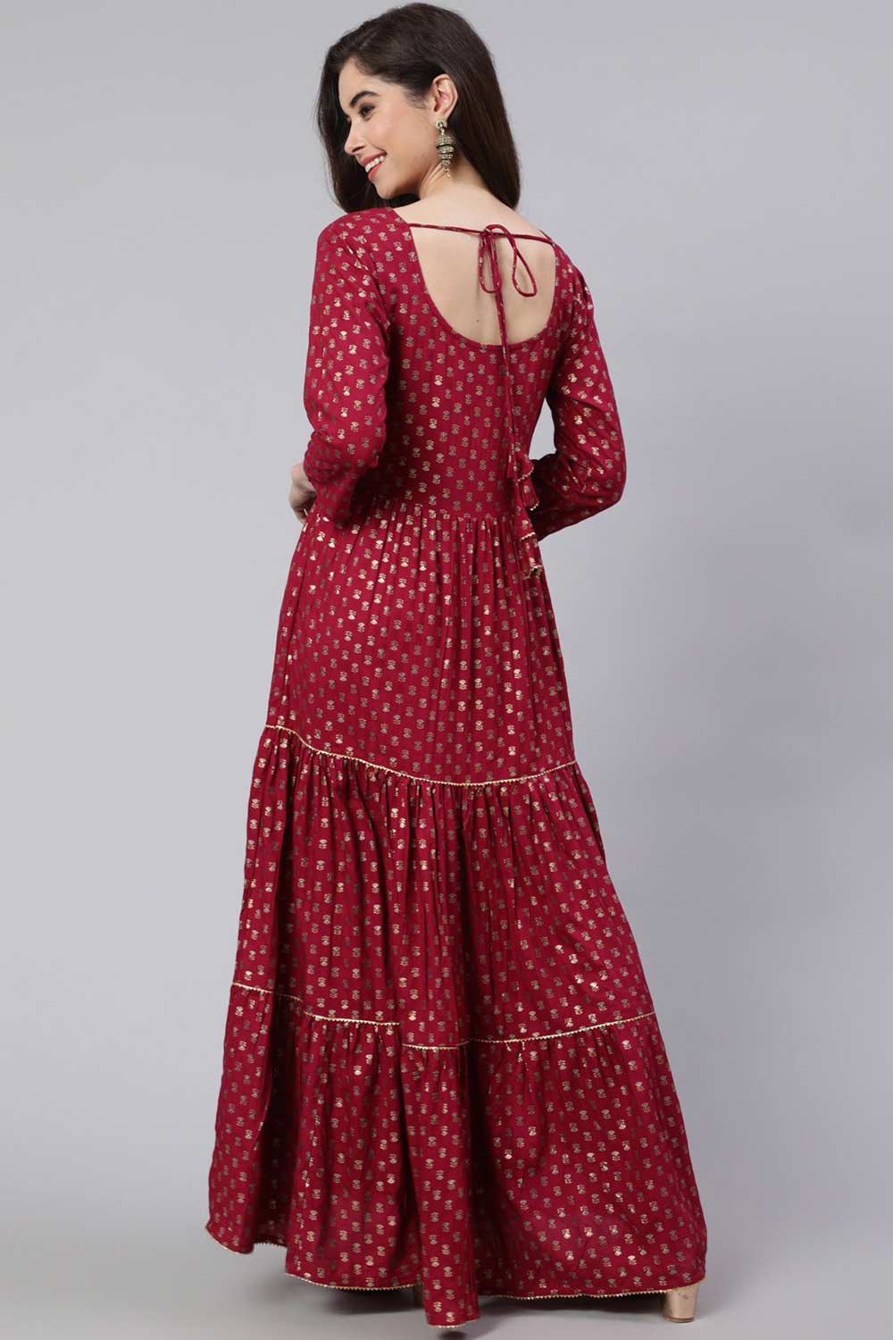 Buy Burgundy Cotton Printed Flared Dress Online - Side