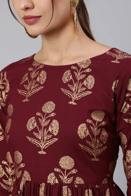 Buy Burgundy Cotton Printed Flared Dress Online - Back