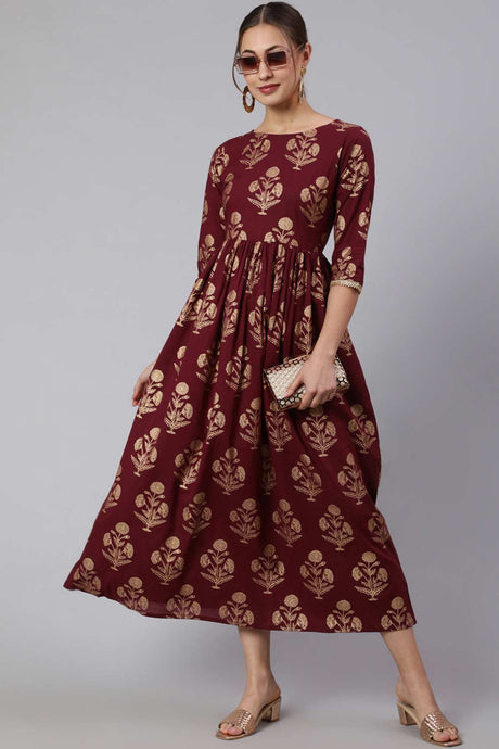 Buy Burgundy Cotton Printed Flared Dress Online